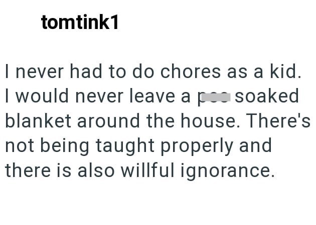 tomtink1 I never had to do chores as a kid. I would never leave a po soaked blanket around the house. There's not being taught properly and there is also willful ignorance.