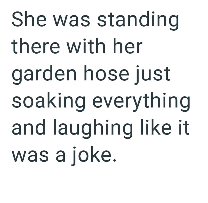 She was standing there with her garden hose just soaking everything and laughing like it was a joke.