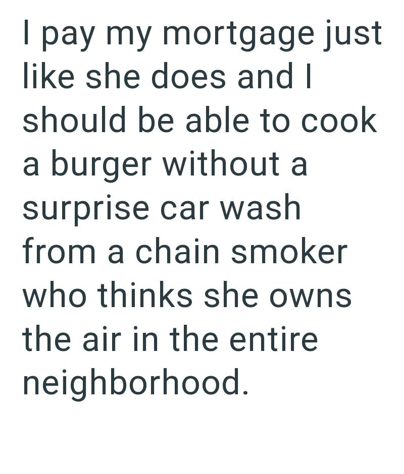 I pay my mortgage just like she does and I should be able to cook a burger without a surprise car wash from a chain smoker who thinks she owns the air in the entire neighborhood.