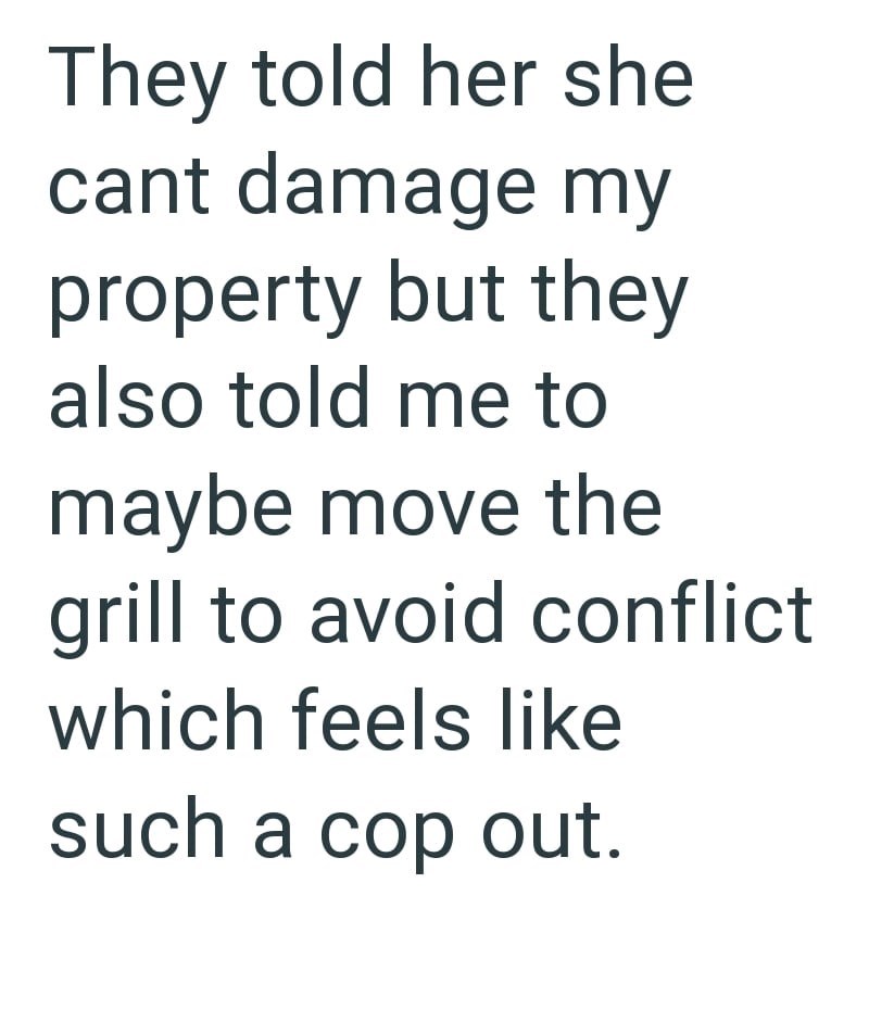 They told her she cant damage my property but they also told me to maybe move the grill to avoid conflict which feels like such a cop out.