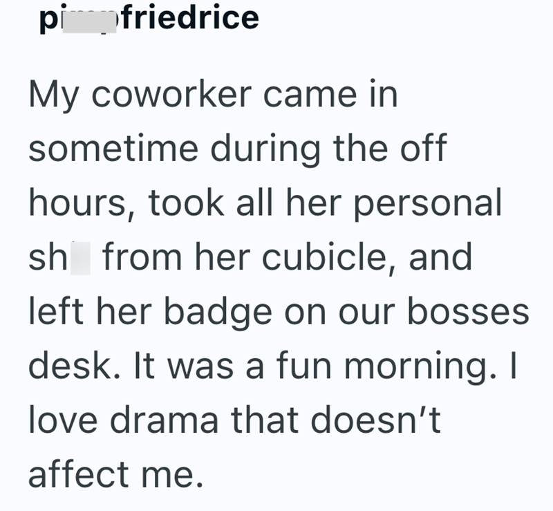 pimpfriedrice My coworker came in sometime during the off hours, took all her personal shit from her cubicle, and left her badge on our bosses. desk. It was a fun morning. I love drama that doesn't affect me.