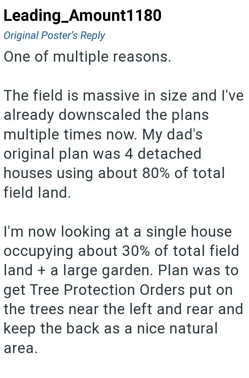 Leading_Amount1180 Original Poster's Reply One of multiple reasons. The field is massive in size and I've already downscaled the plans multiple times now. My dad's original plan was 4 detached houses using about 80% of total field land. I'm now looking at a single house occupying about 30% of total field landa large garden. Plan was to get Tree Protection Orders put on the trees near the left and rear and keep the back as a nice natural area.