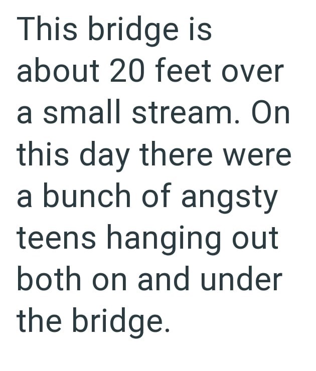 This bridge is about 20 feet over a small stream. On this day there were a bunch of angsty teens hanging out both on and under the bridge.