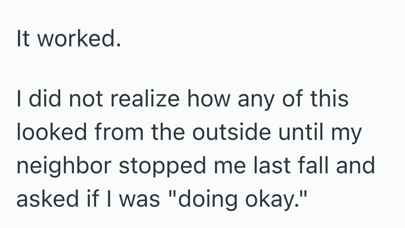 It worked. I did not realize how any of this looked from the outside until my neighbor stopped me last fall and asked if I was "doing okay."