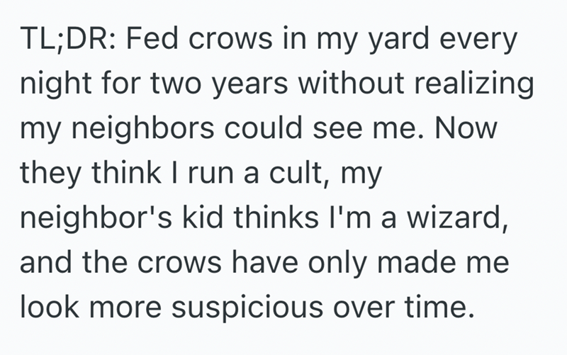 TL;DR: Fed crows in my yard every night for two years without realizing my neighbors could see me. Now they think I run a cult, my neighbor's kid thinks I'm a wizard, and the crows have only made me look more suspicious over time.