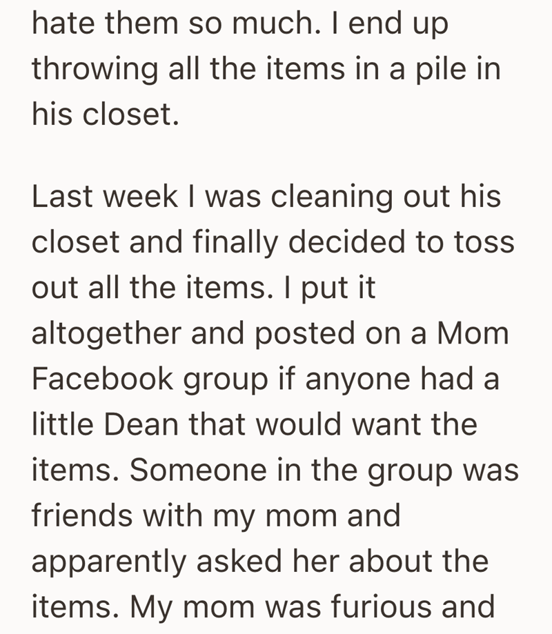 hate them so much. I end up throwing all the items in a pile in his closet. Last week I was cleaning out his closet and finally decided to toss out all the items. I put it altogether and posted on a Mom Facebook group if anyone had a little Dean that would want the items. Someone in the group was friends with my mom and apparently asked her about the items. My mom was furious and