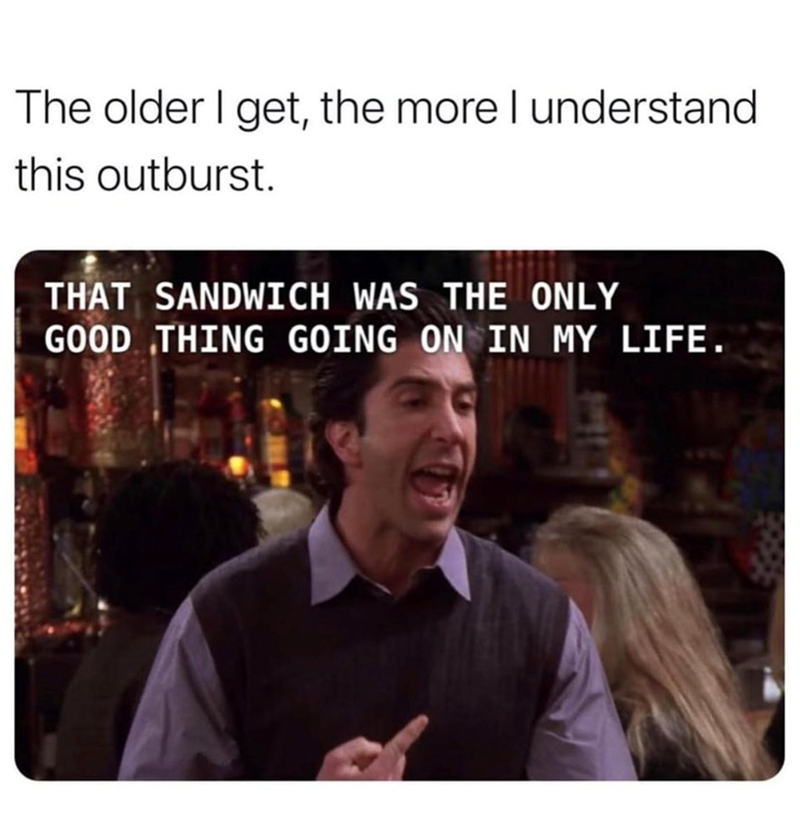 The older I get, the more I understand this outburst. THAT SANDWICH WAS THE ONLY GOOD THING GOING ON IN MY LIFE.