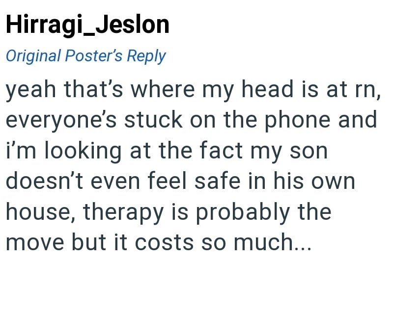 Hirragi_Jeslon Original Poster's Reply yeah that's where my head is at rn, everyone's stuck on the phone and i'm looking at the fact my son doesn't even feel safe in his own house, therapy is probably the move but it costs so much...
