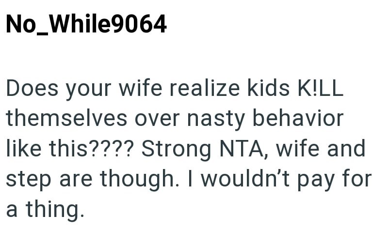 No_While9064 Does your wife realize kids K!LL themselves over nasty behavior like this???? Strong NTA, wife and step are though. I wouldn't pay for a thing.