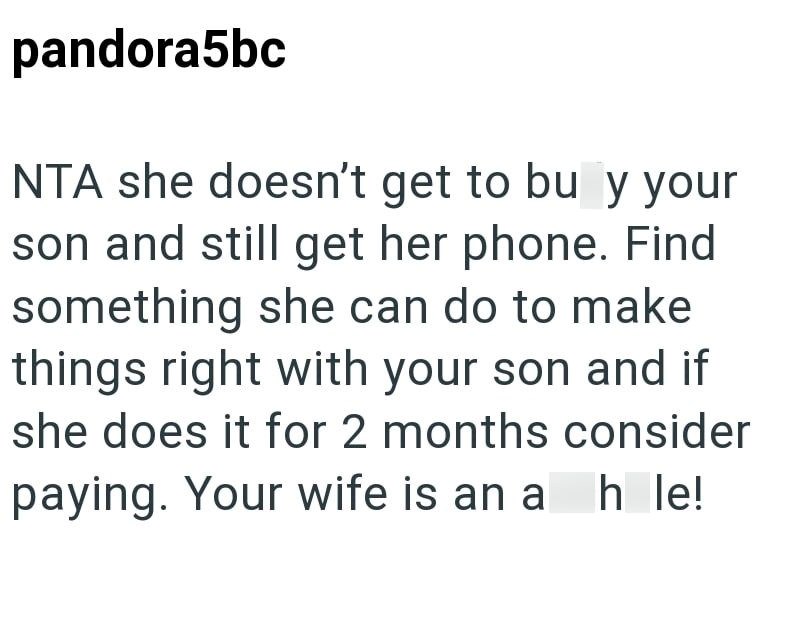 pandora5bc NTA she doesn't get to bu y your son and still get her phone. Find something she can do to make things right with your son and if she does it for 2 months consider paying. Your wife is an a hle!