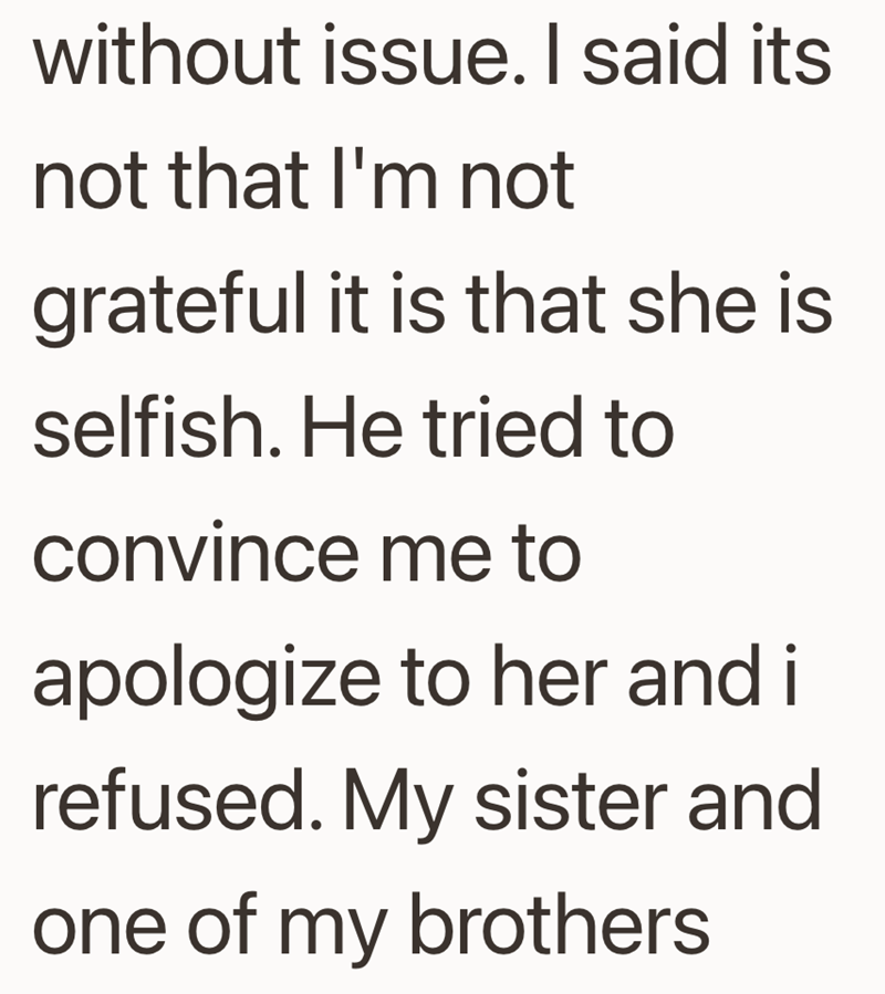 without issue. I said its not that I'm not grateful it is that she is selfish. He tried to convince me to apologize to her and i refused. My sister and one of my brothers