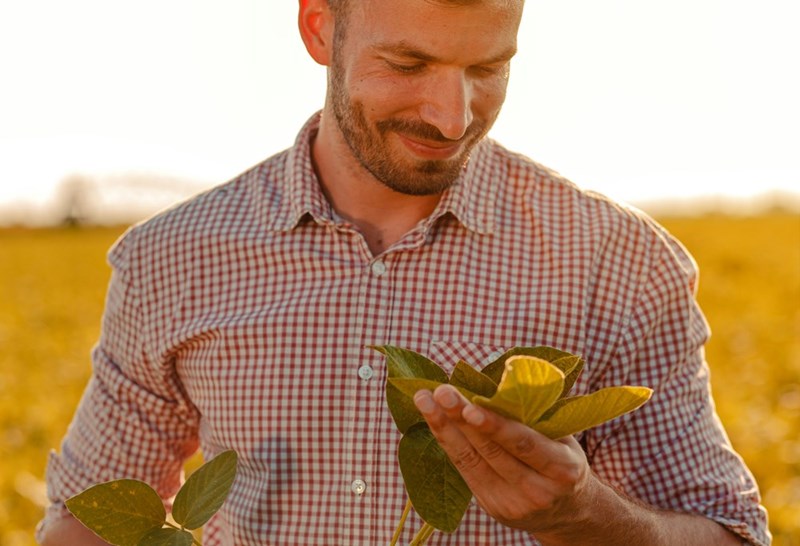 A young landowner stands in his field holding some crops he has grown.