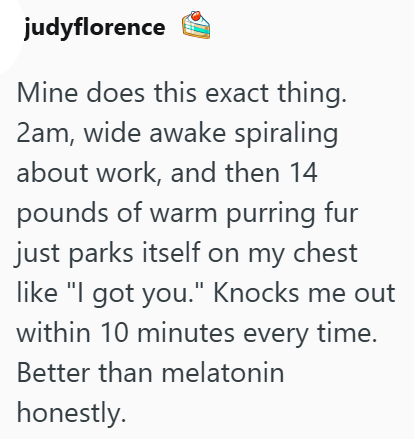 judyflorence Mine does this exact thing. 2am, wide awake spiraling about work, and then 14 pounds of warm purring fur just parks itself on my chest like "I got you." Knocks me out within 10 minutes every time. Better than melatonin honestly.