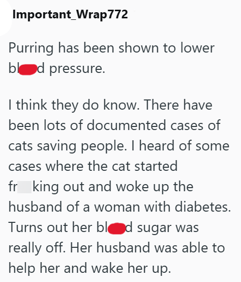 Important Wrap 772 Purring has been shown to lower blod pressure. I think they do know. There have been lots of documented cases of cats saving people. I heard of some cases where the cat started fr king out and woke up the husband of a woman with diabetes. Turns out her blod sugar was really off. Her husband was able to help her and wake her up.