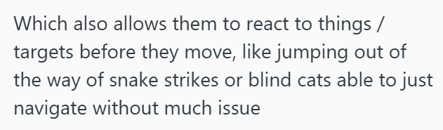 Which also allows them to react to things / targets before they move, like jumping out of the way of snake strikes or blind cats able to just navigate without much issue