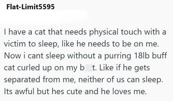 Flat-Limit5595 I have a cat that needs physical touch with a victim to sleep, like he needs to be on me. Now i cant sleep without a purring 18lb buff cat curled up on my bot. Like if he gets separated from me, neither of us can sleep. Its awful but hes cute and he loves me.