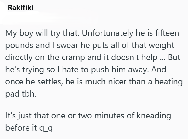 Rakifiki My boy will try that. Unfortunately he is fifteen pounds and I swear he puts all of that weight directly on the cramp and it doesn't help ... But he's trying so I hate to push him away. And once he settles, he is much nicer than a heating pad tbh. It's just that one or two minutes of kneading before it q_q