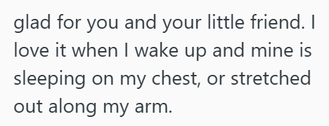glad for you and your little friend. I love it when I wake up and mine is sleeping on my chest, or stretched out along my arm.
