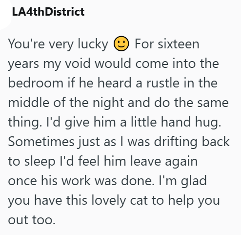 LA4th District You're very lucky ②For sixteen years my void would come into the bedroom if he heard a rustle in the middle of the night and do the same thing. I'd give him a little hand hug. Sometimes just as I was drifting back to sleep I'd feel him leave again once his work was done. I'm glad you have this lovely cat to help you out too.