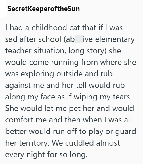 SecretKeeperoftheSun I had a childhood cat that if I was sad after school (ab ive elementary teacher situation, long story) she would come running from where she was exploring outside and rub against me and her tell would rub along my face as if wiping my tears. She would let me pet her and would comfort me and then when I was all better would run off to play or guard her territory. We cuddled almost every night for so long.