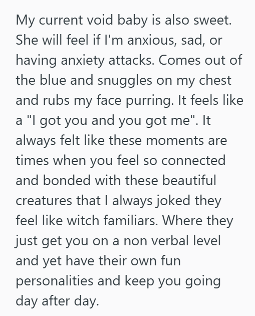 My current void baby is also sweet. She will feel if I'm anxious, sad, or having anxiety attacks. Comes out of the blue and snuggles on my chest and rubs my face purring. It feels like a "I got you and you got me". It always felt like these moments are times when you feel so connected and bonded with these beautiful creatures that I always joked they feel like witch familiars. Where they just get you on a non verbal level and yet have their own fun personalities and keep you going day after day.