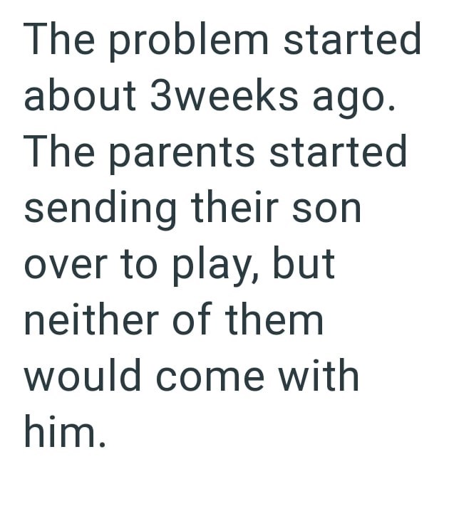 The problem started about 3weeks ago. The parents started sending their son over to play, but neither of them would come with him.