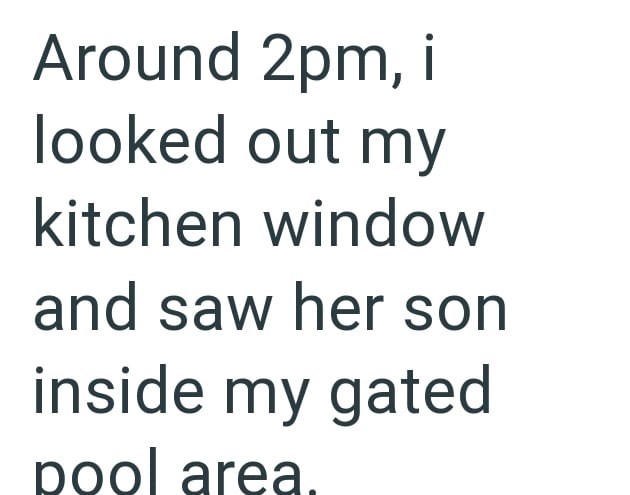 Around 2pm, i looked out my kitchen window and saw her son inside my gated pool area.