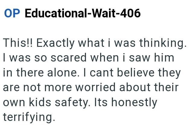OP Educational-Wait-406 This!! Exactly what i was thinking. I was so scared when i saw him in there alone. I cant believe they are not more worried about their own kids safety. Its honestly terrifying.