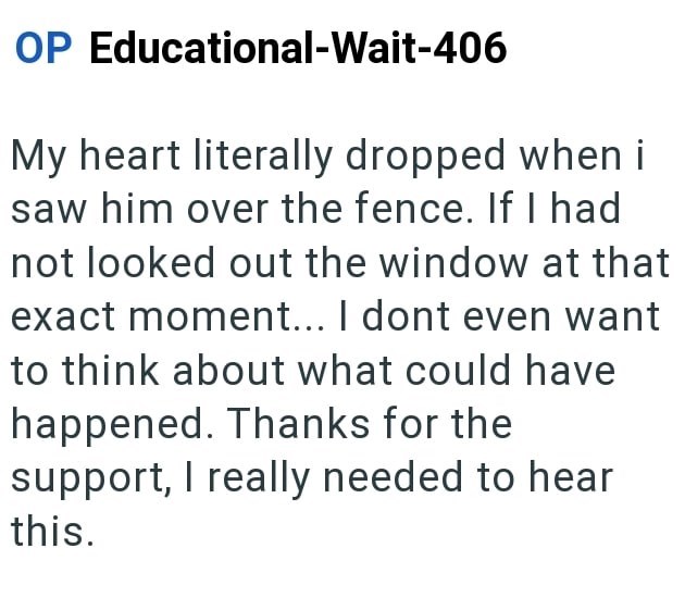 OP Educational-Wait-406 My heart literally dropped when i saw him over the fence. If I had not looked out the window at that exact moment... I dont even want to think about what could have happened. Thanks for the support, I really needed to hear this.