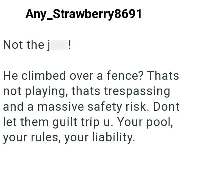 Any_Strawberry8691 Not the j ! He climbed over a fence? Thats not playing, thats trespassing and a massive safety risk. Dont let them guilt trip u. Your pool, your rules, your liability.