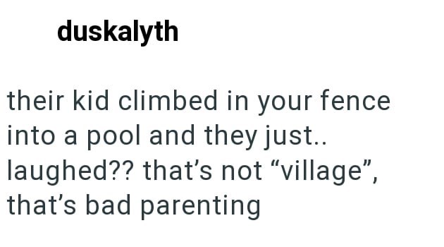 duskalyth their kid climbed in your fence into a pool and they just.. laughed?? that's not "village", that's bad parenting