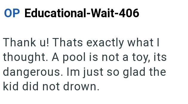 OP Educational-Wait-406 Thank u! Thats exactly what I thought. A pool is not a toy, its dangerous. Im just so glad the kid did not drown.