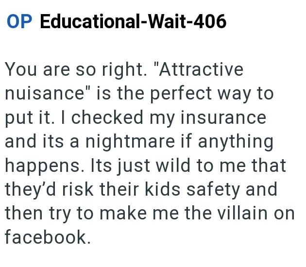 OP Educational-Wait-406 You are so right. "Attractive nuisance" is the perfect way to put it. I checked my insurance and its a nightmare if anything happens. Its just wild to me that they'd risk their kids safety and then try to make me the villain on facebook.