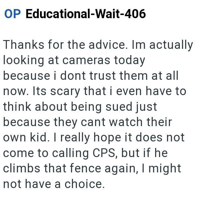 OP Educational-Wait-406 Thanks for the advice. Im actually looking at cameras today because i dont trust them at all now. Its scary that i even have to think about being sued just because they cant watch their own kid. I really hope it does not come to calling CPS, but if he climbs that fence again, I might not have a choice.