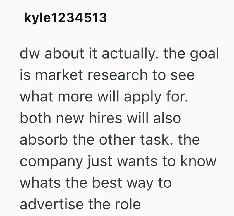 kyle1234513 dw about it actually. the goal is market research to see what more will apply for. both new hires will also absorb the other task. the company just wants to know whats the best way to advertise the role