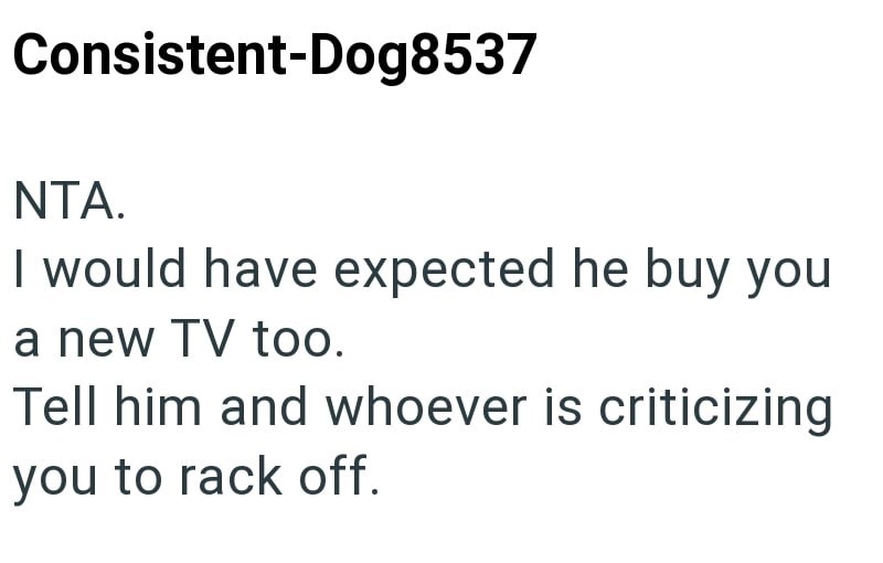 Consistent-Dog8537 NTA. I would have expected he buy you a new TV too. Tell him and whoever is criticizing you to rack off.