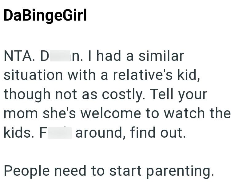 DaBingeGirl NTA. D n. I had a similar situation with a relative's kid, though not as costly. Tell your mom she's welcome to watch the kids. F around, find out. People need to start parenting.