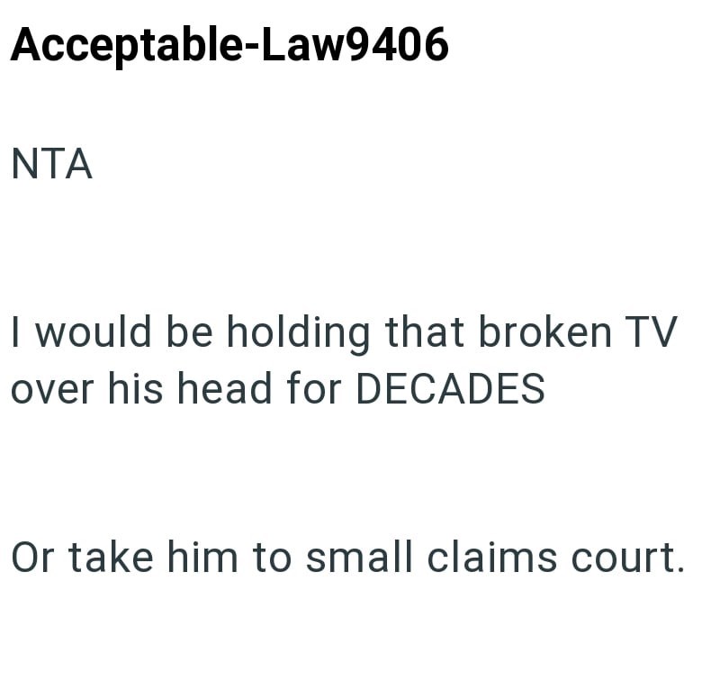 Acceptable-Law9406 NTA I would be holding that broken TV over his head for DECADES Or take him to small claims court.