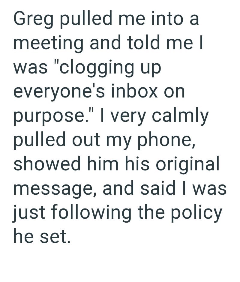 Greg pulled me into a meeting and told me I was "clogging up everyone's inbox on purpose." I very calmly pulled out my phone, showed him his original message, and said I was just following the policy he set.