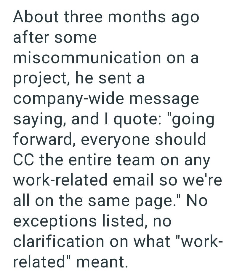 About three months ago after some miscommunication on a project, he sent a company-wide message saying, and I quote: "going forward, everyone should CC the entire team on any work-related email so we're all on the same page." No exceptions listed, no clarification on what "work- related" meant.