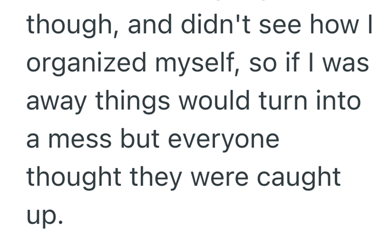 though, and didn't see how I organized myself, so if I was away things would turn into a mess but everyone thought they were caught up.