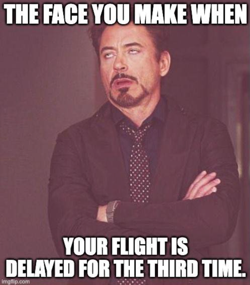 THE FACE YOU MAKE WHEN YOUR FLIGHT IS DELAYED FOR THE THIRD TIME. imgflip.com