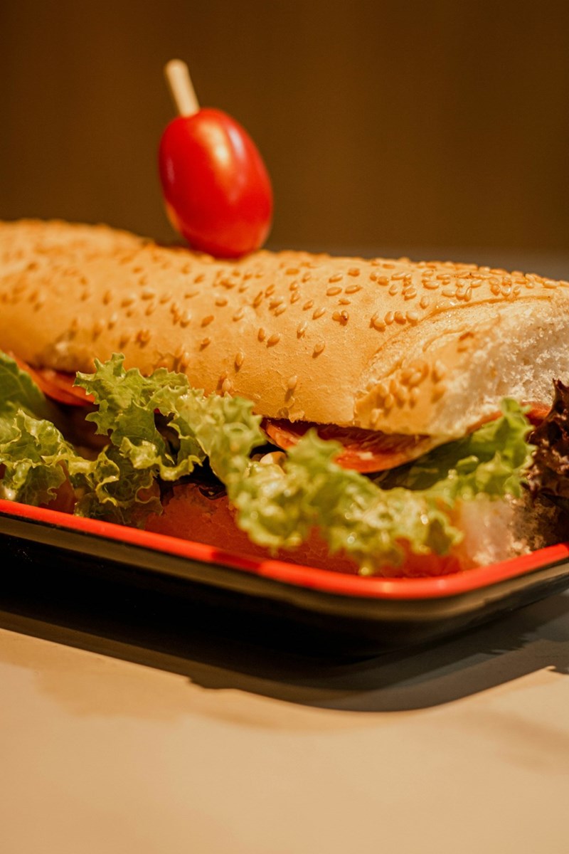 Delicious sub sandwich with lettuce, tomato, and homemade bread, yum