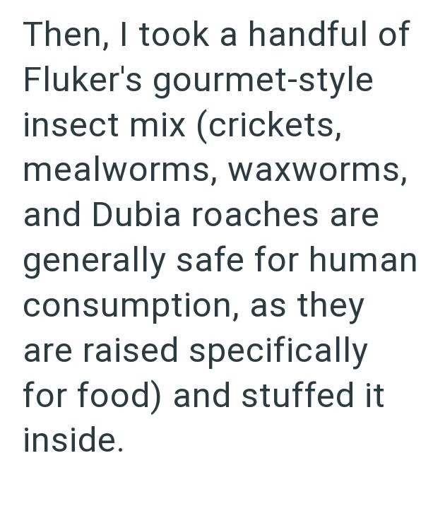 Then, I took a handful of Fluker's gourmet-style insect mix (crickets, mealworms, waxworms, and Dubia roaches are generally safe for human consumption, as they are raised specifically for food) and stuffed it inside.