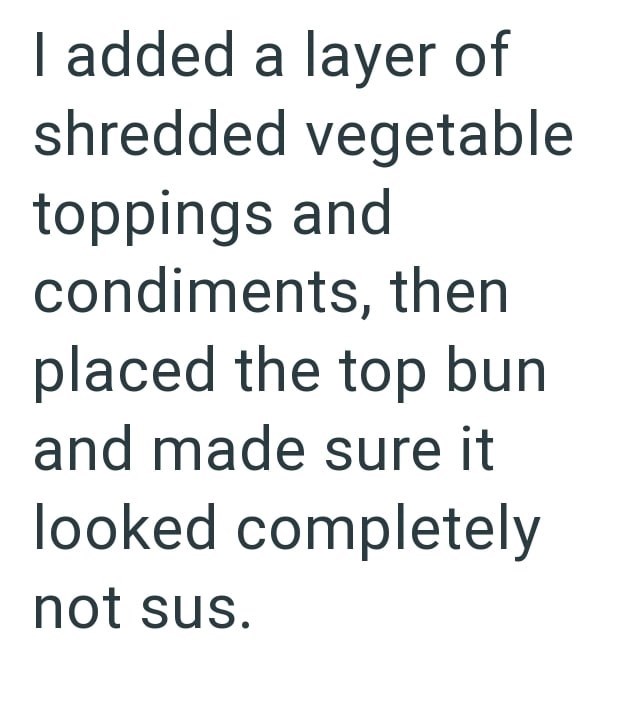 I added a layer of shredded vegetable toppings and condiments, then placed the top bun and made sure it looked completely not sus.