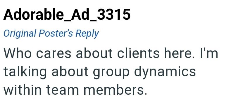 Adorable_Ad_3315 Original Poster's Reply Who cares about clients here. I'm talking about group dynamics within team members.