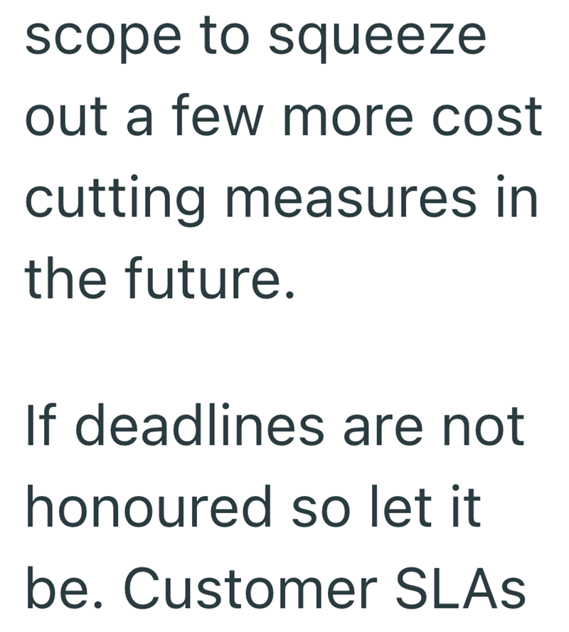 scope to squeeze out a few more cost cutting measures in the future. If deadlines are not honoured so let it be. Customer SLAs