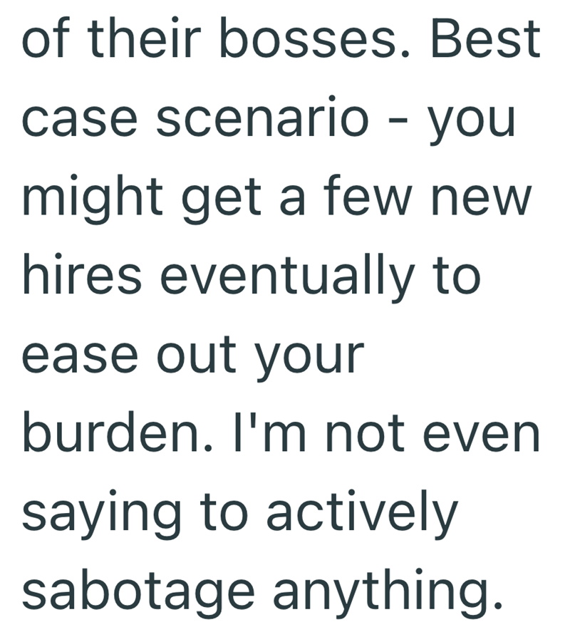 of their bosses. Best case scenario - you might get a few new hires eventually to ease out your burden. I'm not even saying to actively sabotage anything.