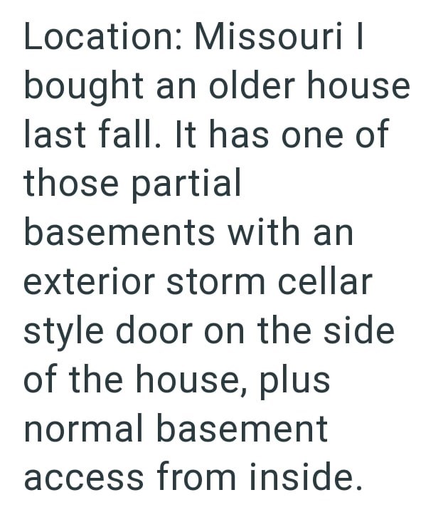 Location: Missouri | bought an older house last fall. It has one of those partial basements with an exterior storm cellar style door on the side of the house, plus normal basement access from inside.