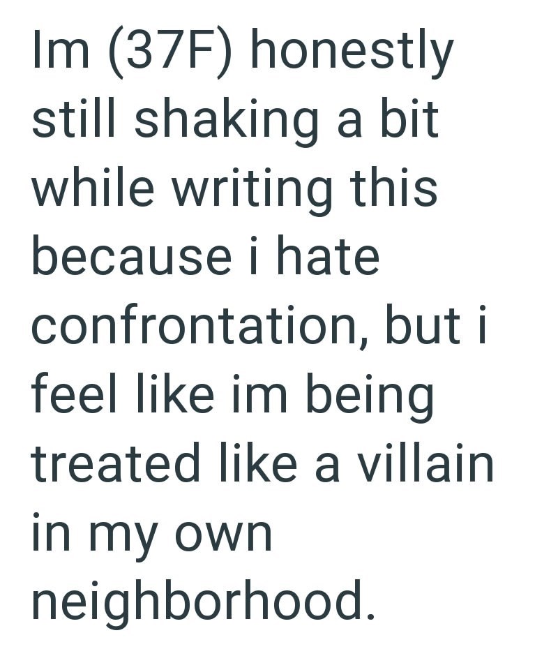 Im (37F) honestly still shaking a bit while writing this because i hate confrontation, but i feel like im being treated like a villain in my own neighborhood.